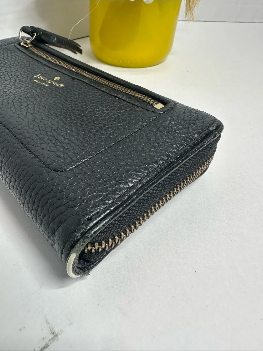 kate spade Black Pebbled Leather Zip Wristlet Wallet with Tassel